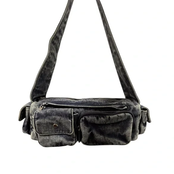 Y2K Denim Shoulder Bag Blue Faded Zip Top Multi Pocket Medium Retro 90s - Picture 2 of 7